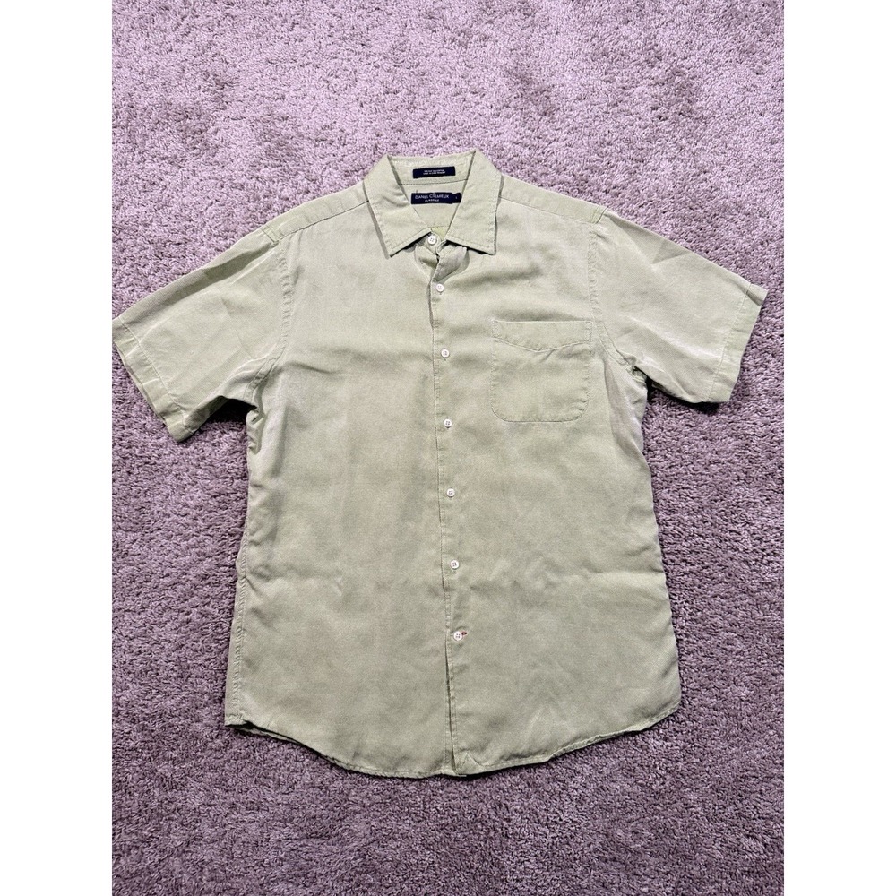 Cremieux Houndstooth Silk / Cotton Button Up Short Sleeve Men's Shirt L Green